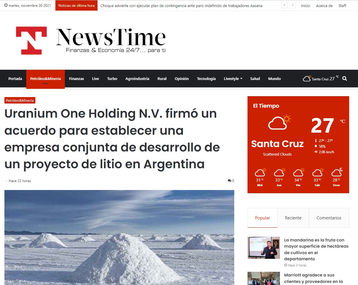 Uranium One Holding N.V. firmó un acuerdo para establecer una empresa conjunta de desarrollo de un proyecto de litio en Argentina (News Time)