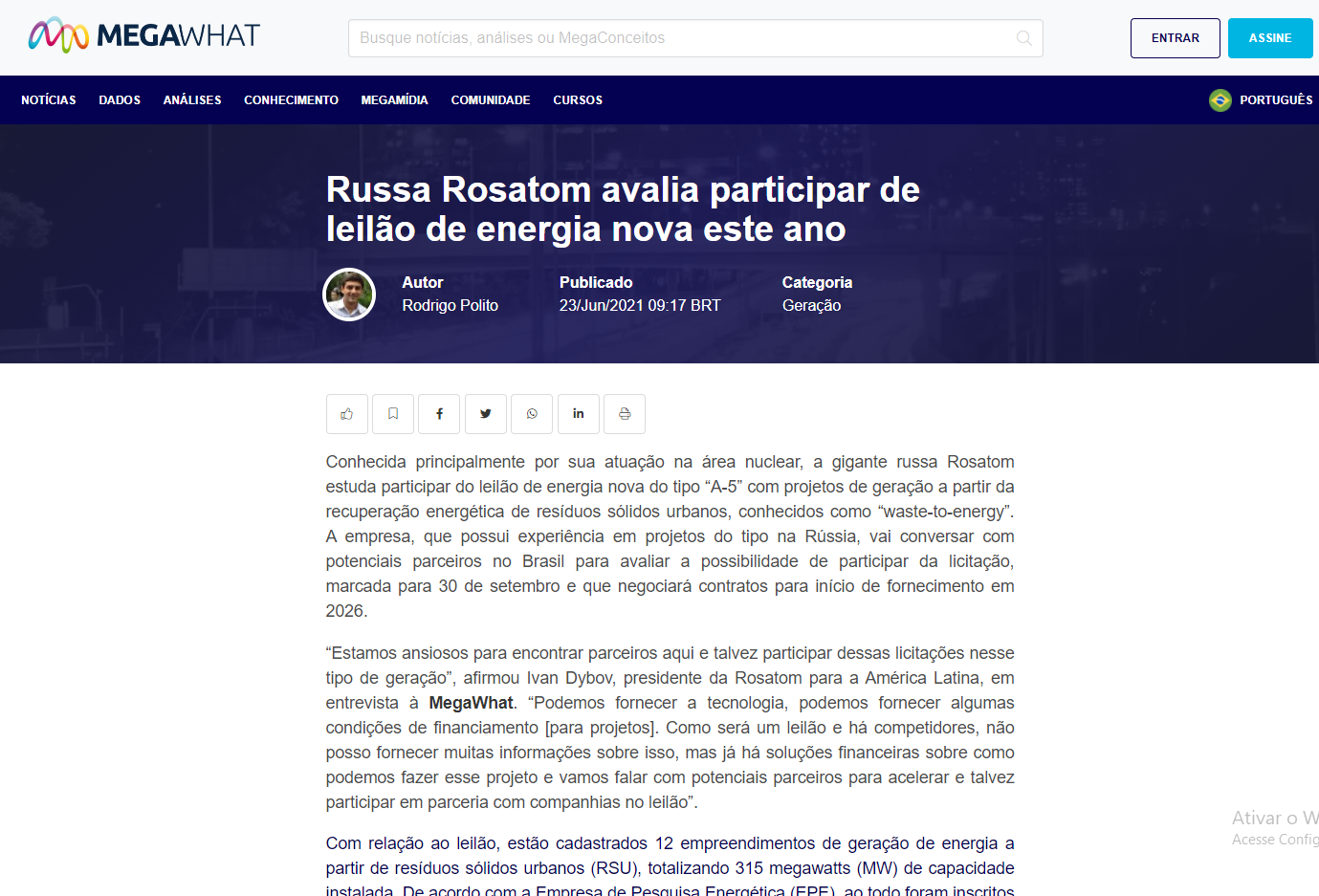 Russa Rosatom avalia participar de leilão de energia nova este ano