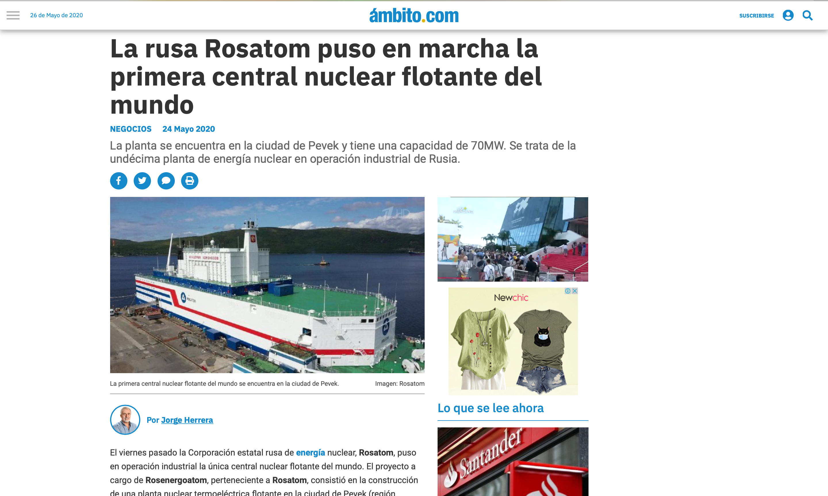 La rusa Rosatom puso en marcha la primera central nuclear flotante del mundo