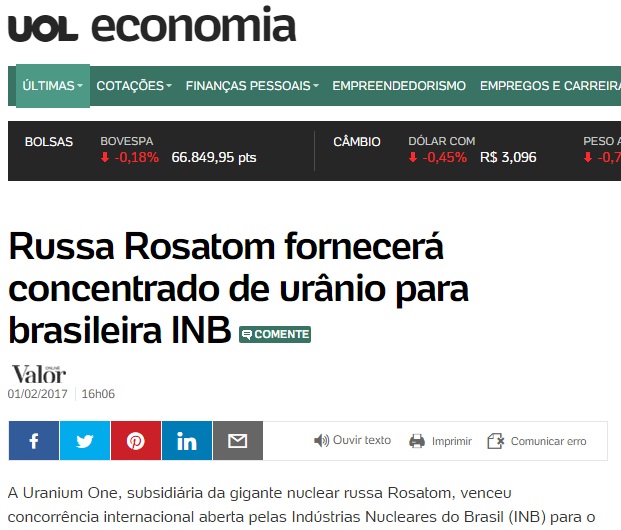 Russa Rosatom fornecerá concentrado de urânio para brasileira INB