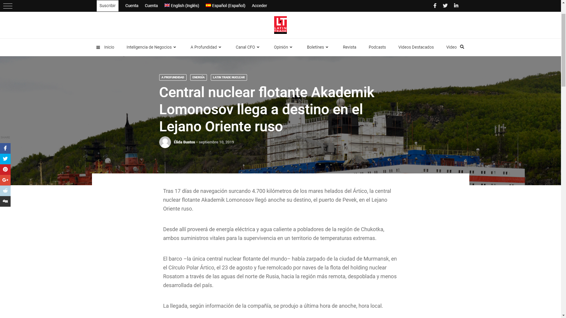 Central nuclear flotante Akademik Lomonosov llega a destino en el Lejano Oriente ruso (artículo de Latin Trade)