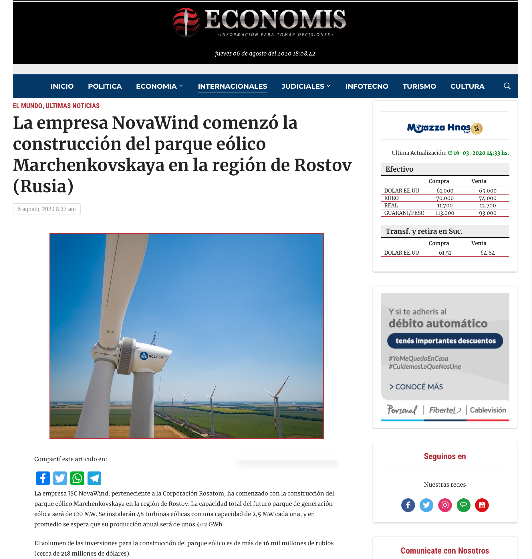 La empresa NovaWind comenzó la construcción del parque eólico Marchenkovskaya en la región de Rostov (Rusia)